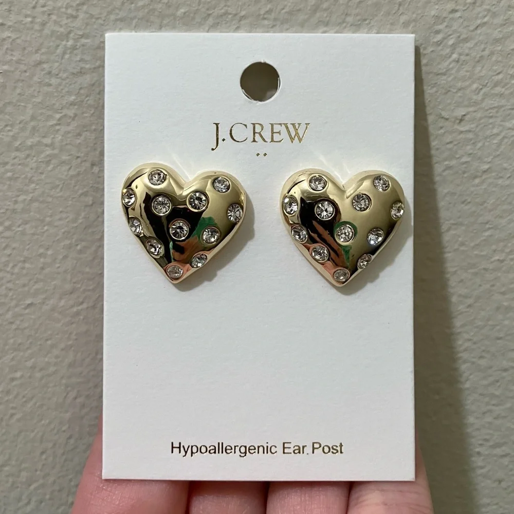 NWT J. Crew Pavé Puffy Heart Bauble Earrings Preppy Pave Crystal Gold Factory OS